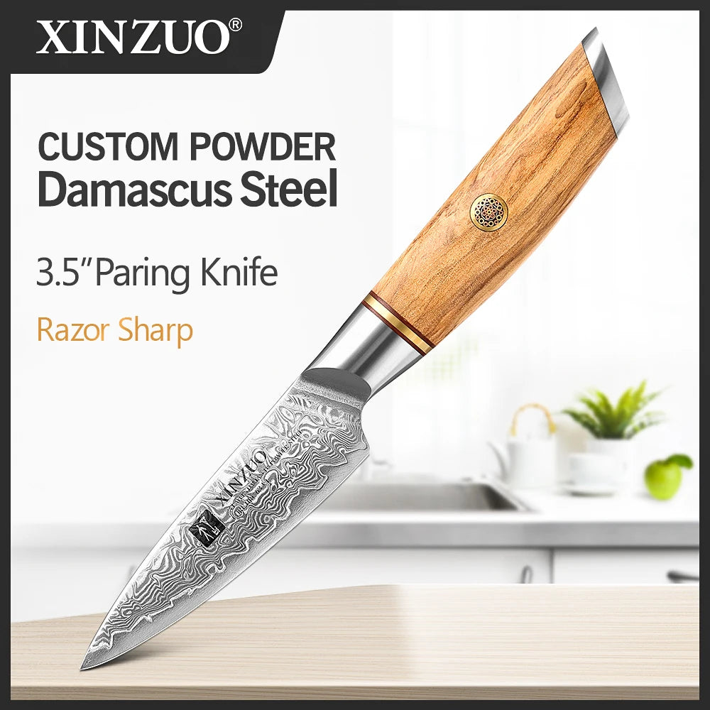 XINZUO 1-8pcs Kitchen Knife Set 73 Layers Custom Damascus Steel 15°±1 Per Side Steel Blade with Olive Wood Handle