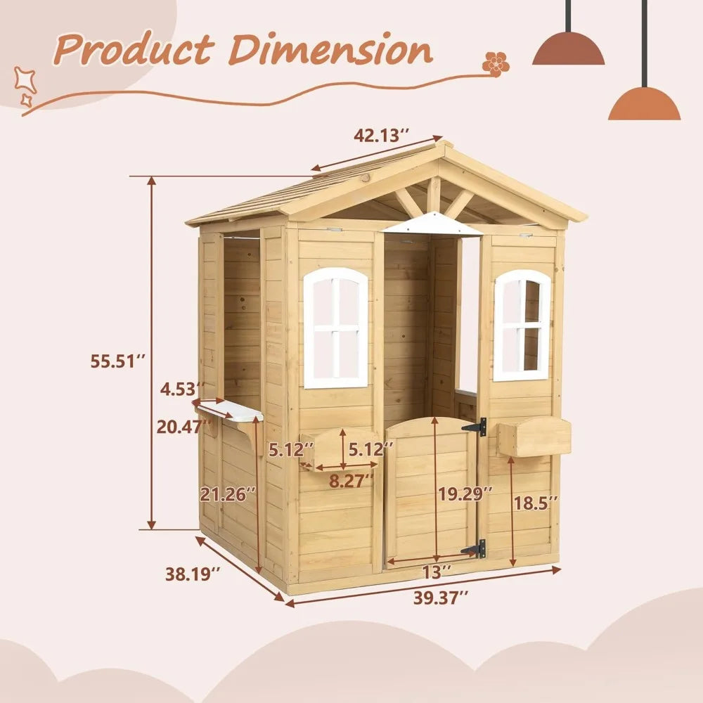 Wooden Playhouse for Kids Outdoor, Country Style Playhouse with Working Door, Service Stations, Natural,39" L X 38" W X 55.5" H