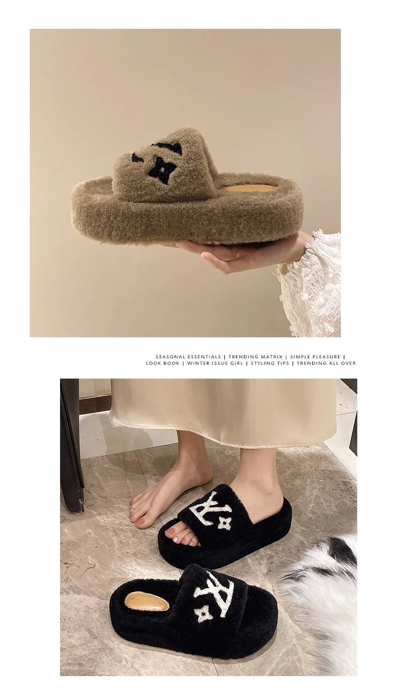 women's slippers solid color fluffy slippers women's winter fashion New women's shoes  thickened warm floor cotton slippers