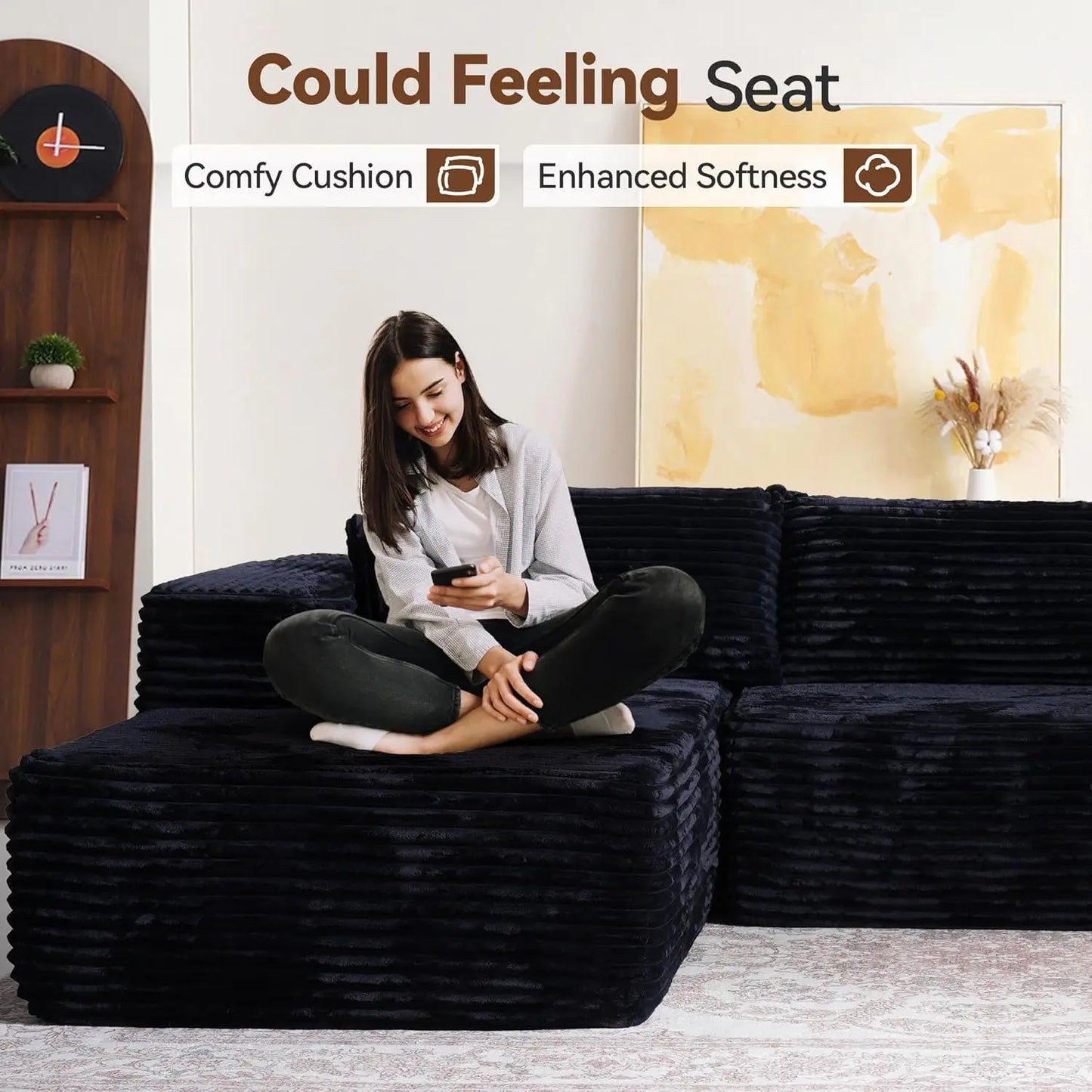 104" Cloud Sectional Couch with Comfy Chaise, Boneless L Shape Sofa with Deep Seat, Minimalist Modular Couches Sleeper