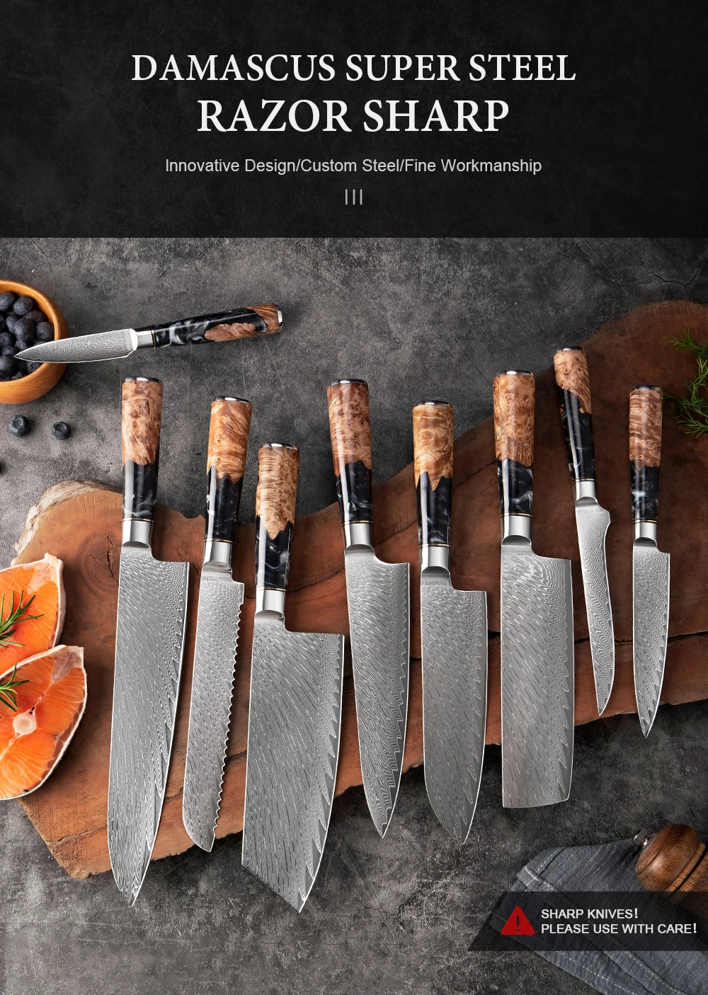 XITUO 1-9 PCS Damascus Steel Kitchen Knives High Quality Chef Chopping Vegetable Slicing Deboning Bread Knife Black Resin Handle