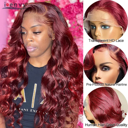 13X4 Hd Transparent Lace Front Wigs Burgundy Red Human Hair Wigs Pre Plucked 30 Inches Body Wave Lace Front Wigs For Women Curly