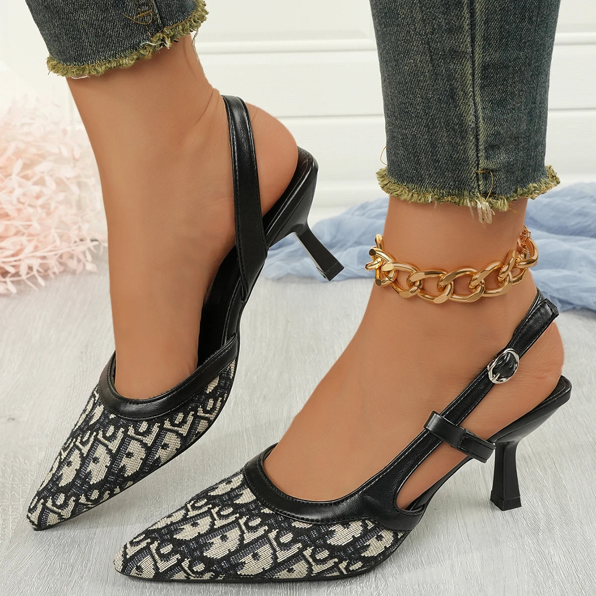 Women Shoes Satin Pointed Back Empty Women Sandals 2025 Summer One-word Buckle Sexy  High Heels Women Sandalias Mujer Zapatos