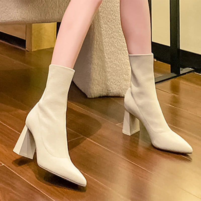 Women Boots High Heels Heeled Elastic Sock Boots 2023 Winter Fashion Pointed Toes Heel Women Chunky Heel Woman Shoes Pale Beige