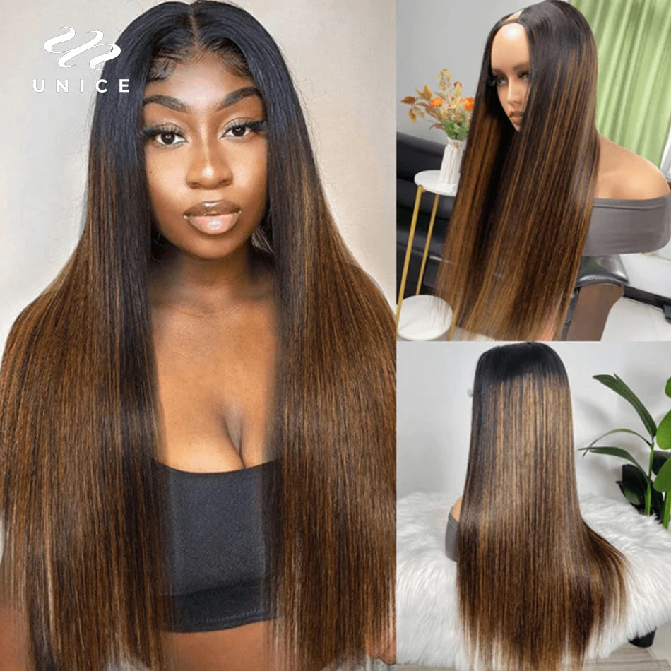 UNice Hair Brown Balayage U Part Wig Human Hair Highlight Straight Human Hair Wig Glueless Upart Wigs for Beginners 150% Density