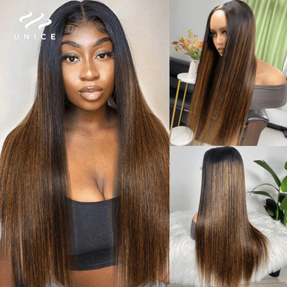 UNice Hair Brown Balayage U Part Wig Human Hair Highlight Straight Human Hair Wig Glueless Upart Wigs for Beginners 150% Density