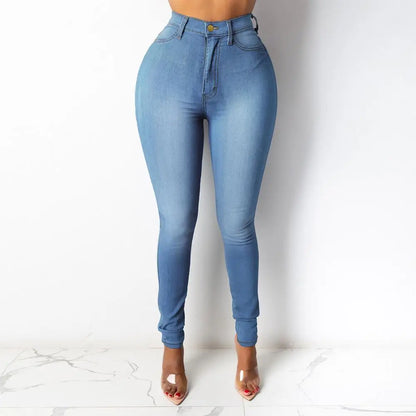 Women Jeans High Waist Women's Skinny Fit Washed Jeans with Zipper Button Fly Pockets Solid Color Denim Pencil for Streetwear