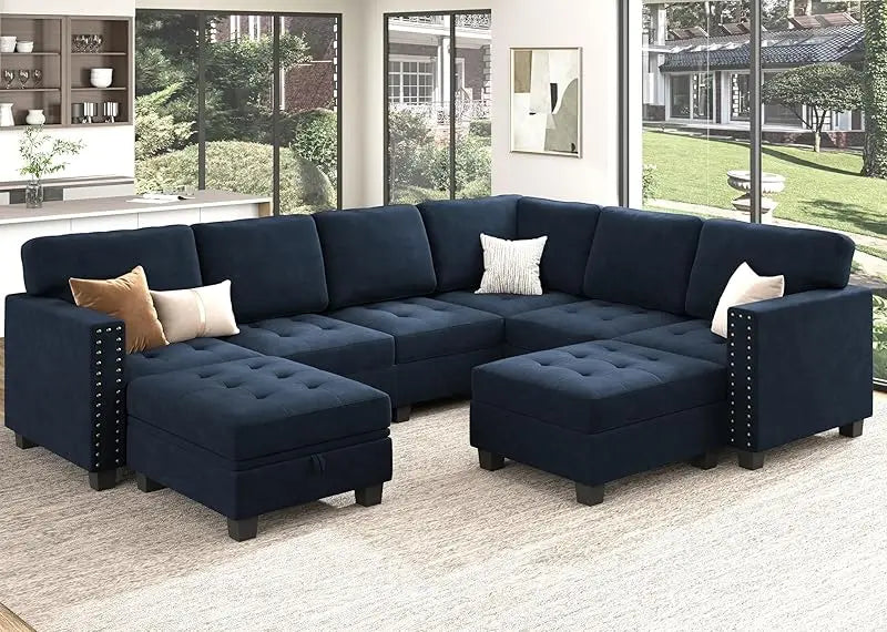 Velvet Modular Sectional Sofa, Convertible L Shaped Sofa Couch with Storage Top Tray Ottoman Corner Couch,Dark Blue