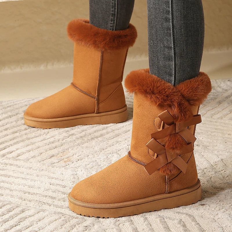 Women Flock Fluffy Suede Snow Boots Cute Butterfly Round Toe Warm Boots Autumn Winter Thick Sole Platform Cotton Shoes