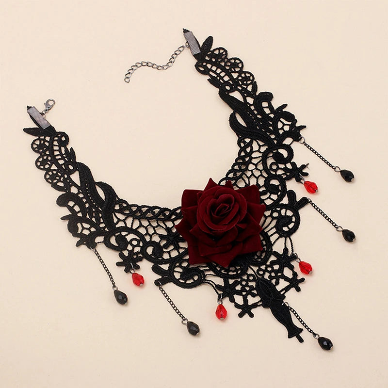 Vintage Flower Charm Pendant Choker Necklace for Women Gothic Lace Tassel Clavicle Chain Jewelry