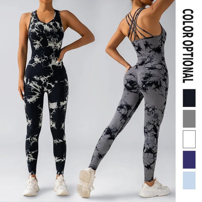 Tie-dye yoga jumpsuit, tuminel and hip lift, trousers, seamless breathable leggings, sports fitness wear women set yoga women