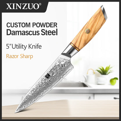 XINZUO 1-8pcs Kitchen Knife Set 73 Layers Custom Damascus Steel 15°±1 Per Side Steel Blade with Olive Wood Handle