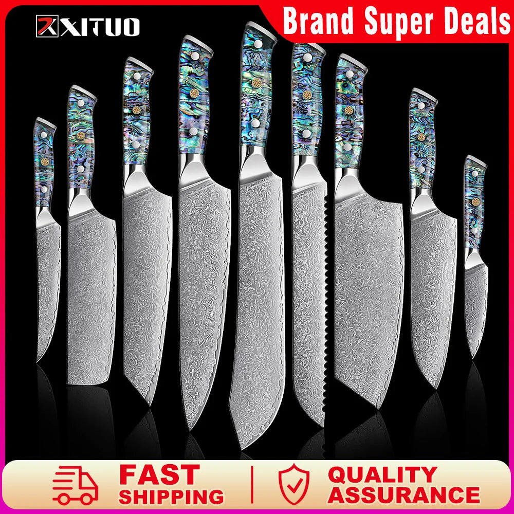 XITUO 67 Layer Damascus Steel Kitchen Knives Set Abalone Handle Sharp Santoku Bread Boning Knife Practical Kitchen Cutting Tools