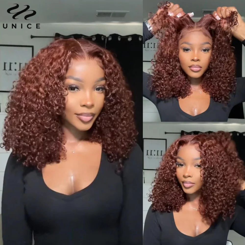 UNice Hair 200% Density Reddish Brown Curly Wig 7x5 Pre Cut Pre Bleached Glueless Wig Human Hair Ready To Wear