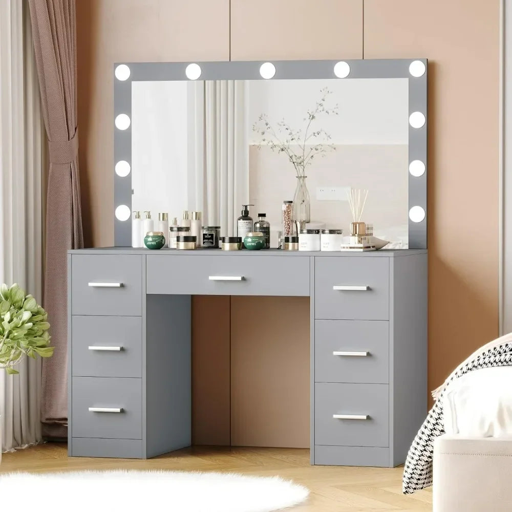 Vanity Desk, Lighted Mirror, 3 Color Lighting Modes, Dressing Table with Drawers, Bedroom Vanity Table Set for Women