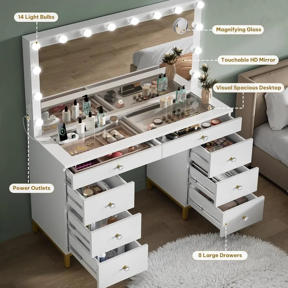 The Dressing Table Comes with A Mirror, Power Sockets, and 14 Lights. It Has 8 Drawers and 3 Lighting Colors