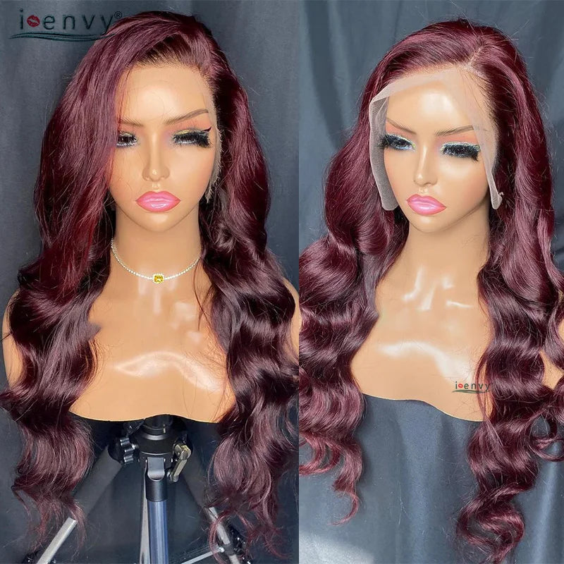 13X4 Hd Transparent Lace Front Wigs Burgundy Red Human Hair Wigs Pre Plucked 30 Inches Body Wave Lace Front Wigs For Women Curly