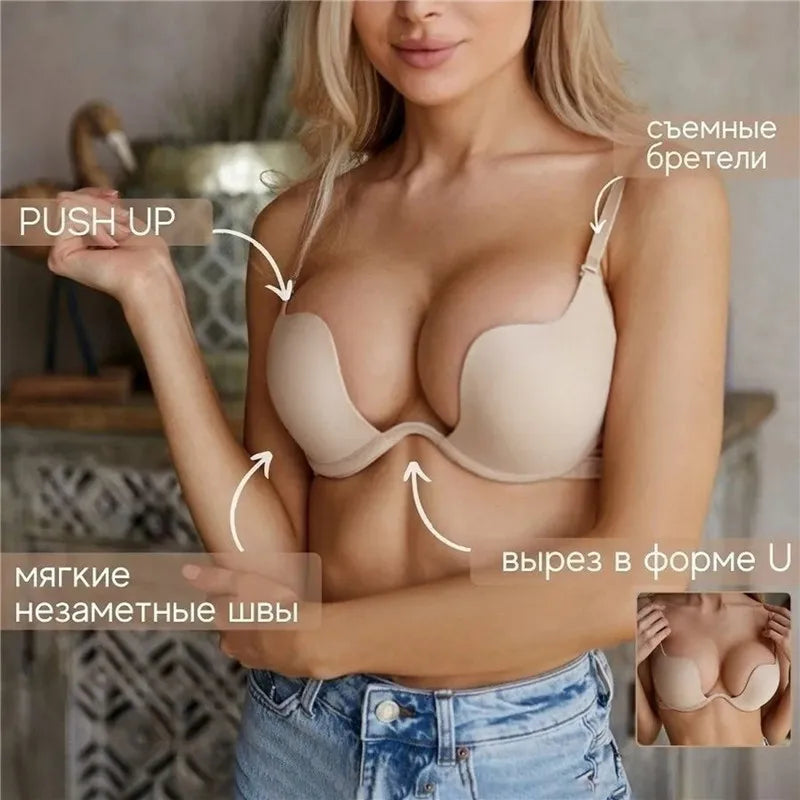 Women Deep U Bra Backless Intimates Underwire Open Cup Push Up Sexy Bras Underwear Lingerie Seamless Traceless