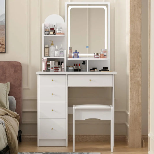 Vanity Set with Rectangular Mirror, Makeup Vanity Dressing Table with 5 Drawers, Shelves, Dresser Desk and Cushioned S