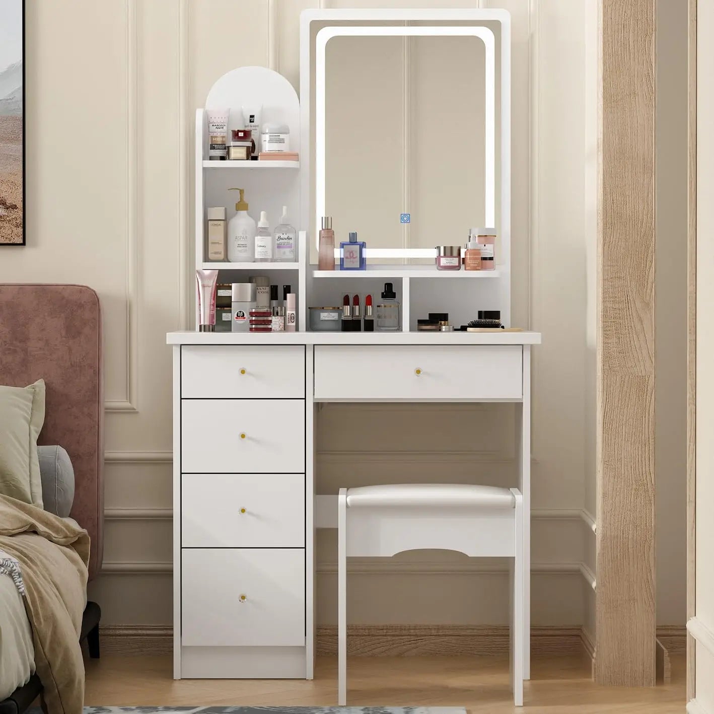 Vanity Set with Rectangular Mirror, Makeup Vanity Dressing Table with 5 Drawers, Shelves, Dresser Desk and Cushioned S