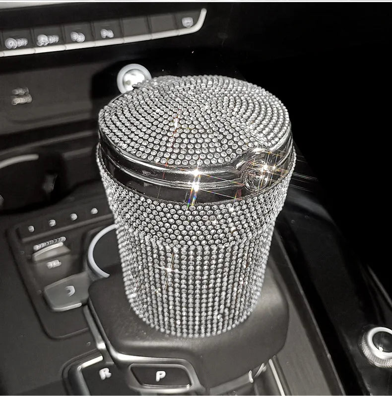 Crystal Diamond Car Ashtray Auto Portable Bling Cigarette Smokeless with LED Light Indicator Car Accessories for Women