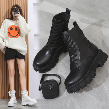 2024 New Women Thick-Soled Leather new Boots Casual Women Boots Women Fashion Lace-Up High Boots Nylon pouch heels flats booties - MAGUSTA BEAUTY