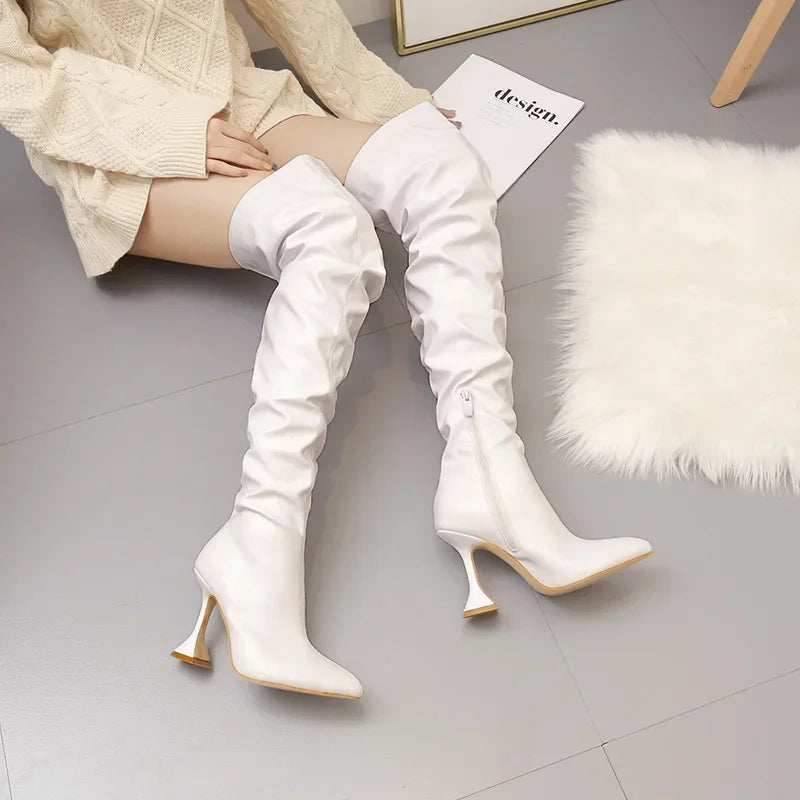 2024 New Winter Leather Boots Women Stiletto Pointed Toe White Heeled Knee Boots Wine Glass Heel Side zipper Thigh Gigh Booties - MAGUSTA BEAUTY