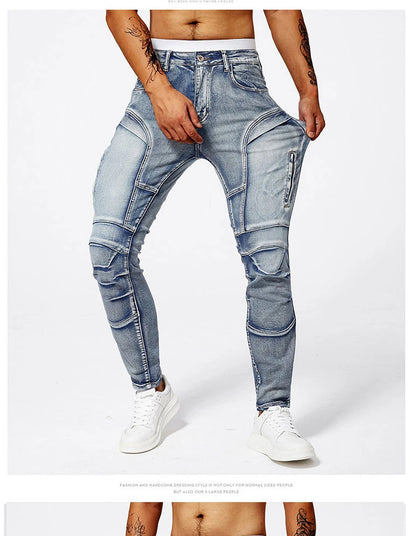 Trendy Jeans Men's Small Straight Leg Denim Design Pants New Slim Fit Small Hole Long Pants High Street Classic High Quality