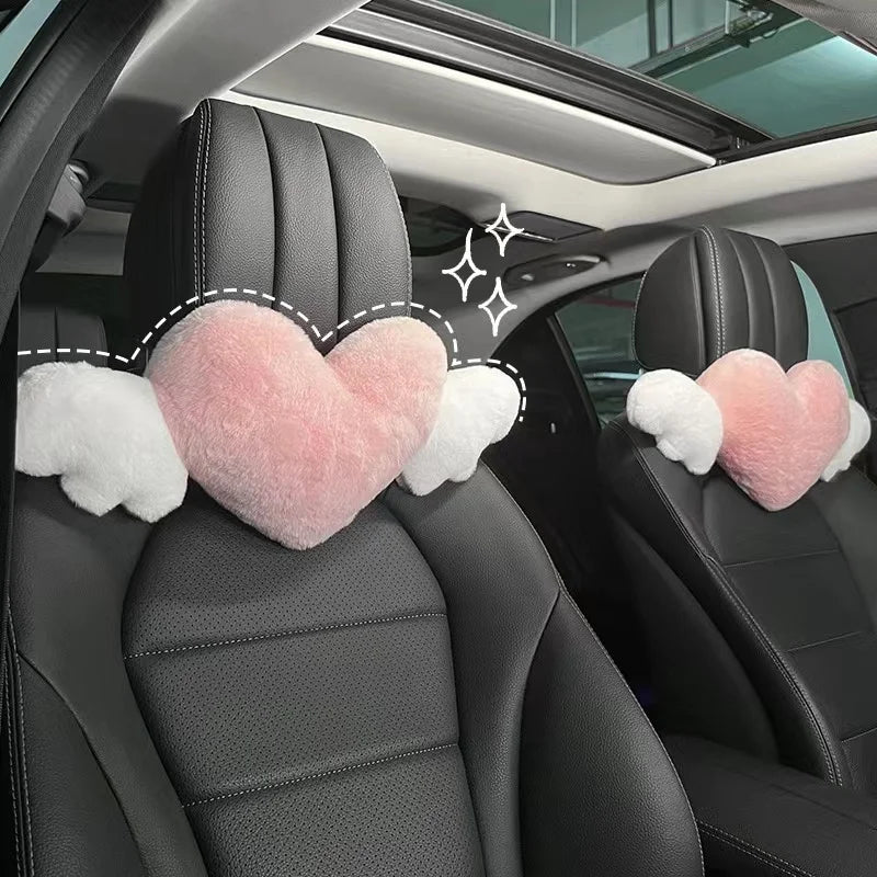 Pink Car Headrest Cushion Neck Pillow Heart Shape Plush Girly Cute Interior Car Seat Accessories For Women Car Decoration