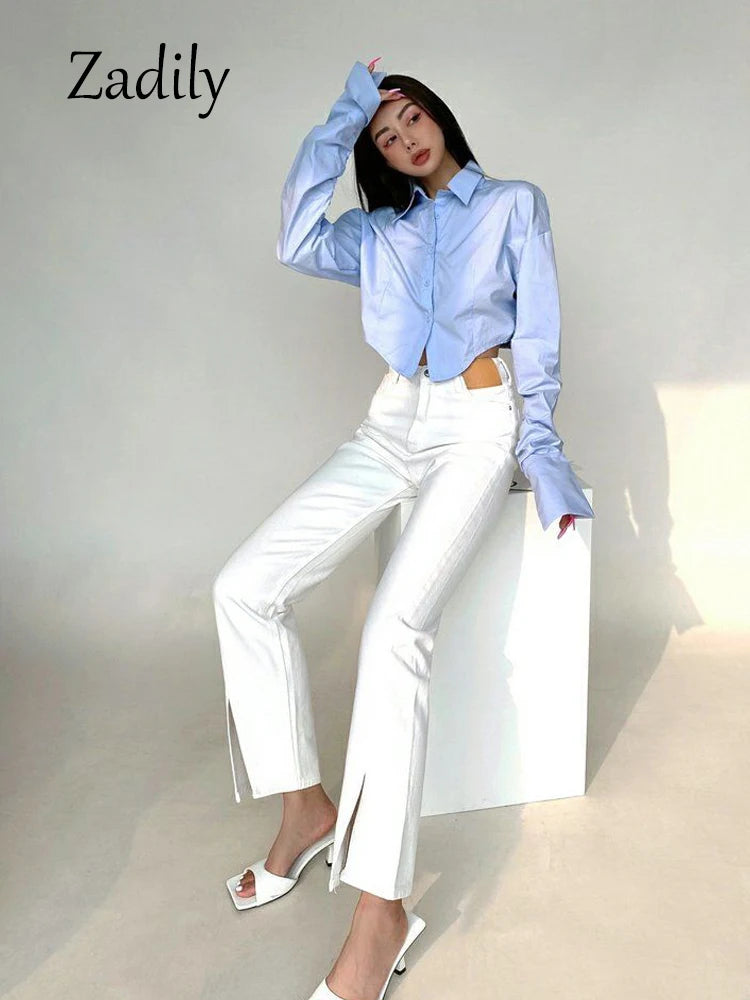 Zadily 2023 Spring Korean Style Long Sleeve White Shirt Women Sexy Button Ladies Crop Tops Blouse Street New In Female Clothing