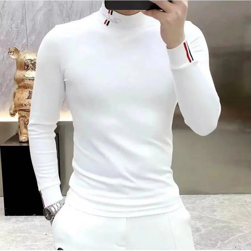 Winter Thicken Keep Warm Men Long Sleeve T-shirts Trendy Versatile Slim Casual Mock Neck Bottoming Shirt Breathable Pullover Top