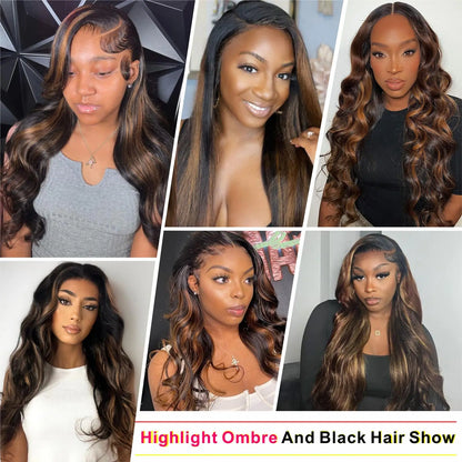 1B/30 Body Wave Highlight Wig Human Hair 30 Inch 13x4 HD Lace Frontal Wig 180 Density Natural Brazilian Hair Wig For Black Women