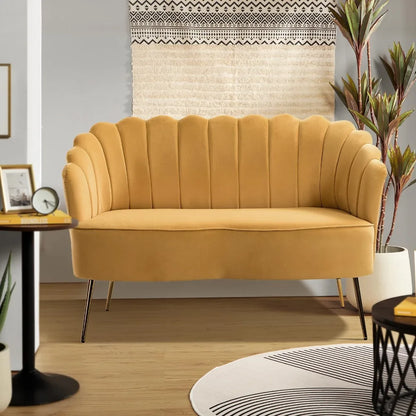 Velvet Loveseat Sofa with Flower Shaped Back, 2-Seater Sofa for Living Room, Comfy Upholstered Love Seat Couch with Gold Legs