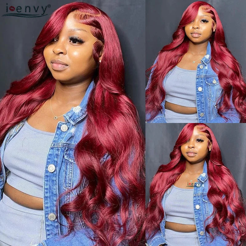 13X4 Hd Transparent Lace Front Wigs Burgundy Red Human Hair Wigs Pre Plucked 30 Inches Body Wave Lace Front Wigs For Women Curly