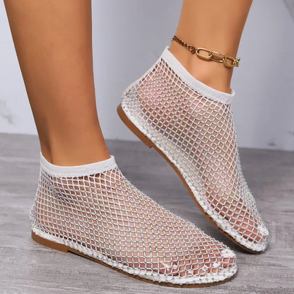 Womens Shallow Slip-On Sandals Mesh Breathable Luxurious Rhinestone Designer Fashion Round Toe Women's Shoes Non-Slip Flat Shoes