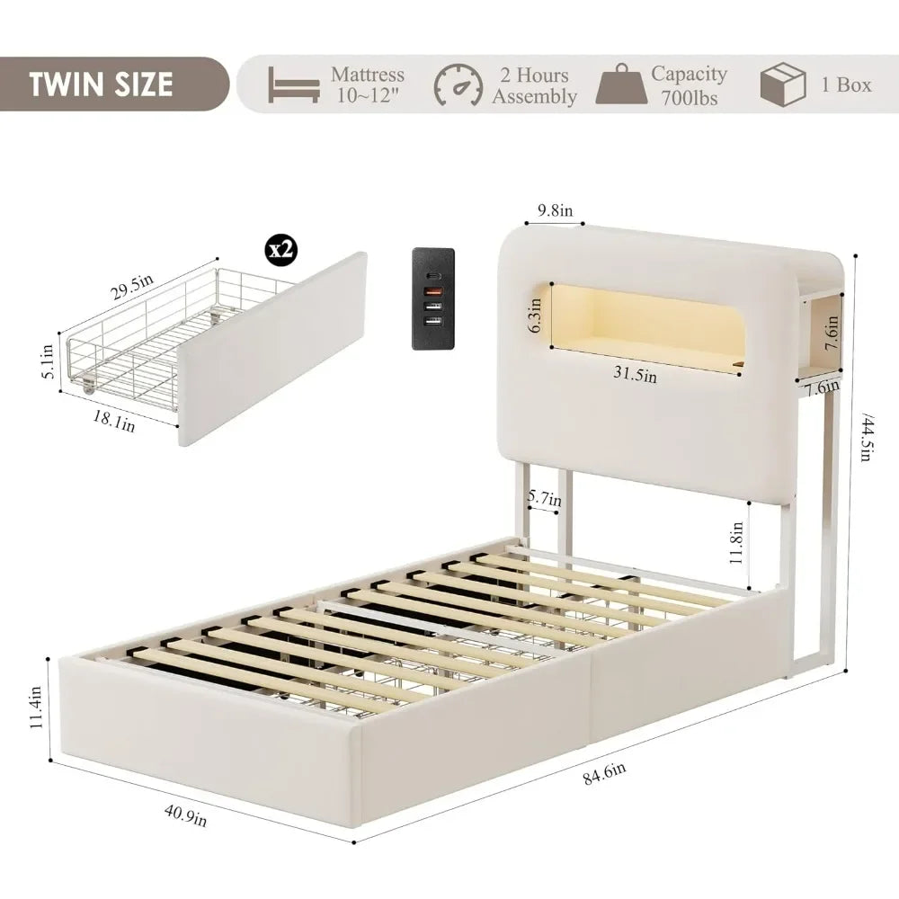 Twin LED Bed Frame , Kids Bed Frame with 2 Drawers and USB Ports, Velvet Upholstered Platform Bed Frame with Bookcase