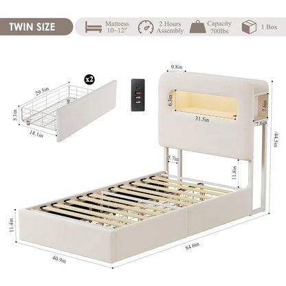 Twin LED Bed Frame , Kids Bed Frame with 2 Drawers and USB Ports, Velvet Upholstered Platform Bed Frame with Bookcase