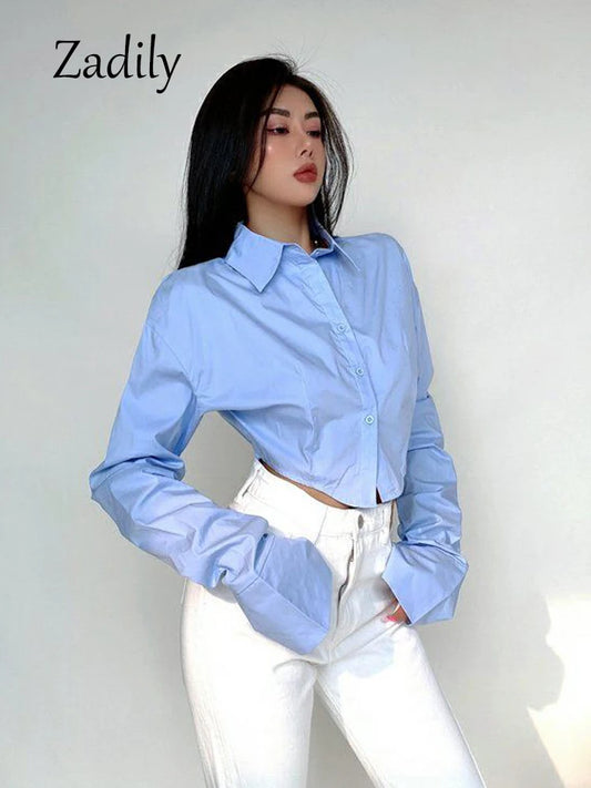 Zadily 2023 Spring Korean Style Long Sleeve White Shirt Women Sexy Button Ladies Crop Tops Blouse Street New In Female Clothing