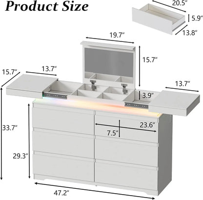 White Dresser with Mirror for Bedroom,Modern 6 Drawers Dresser with Charging Station & LED Lights, Large Storage Wide Chest
