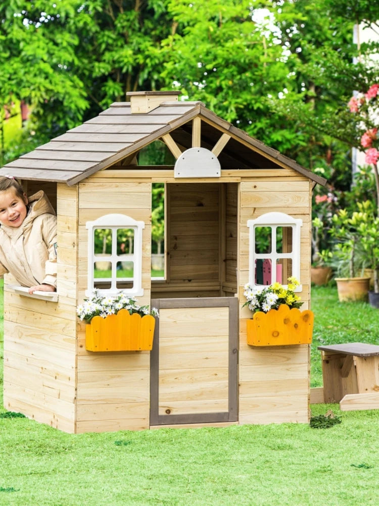 Wooden Kids Playhouse, Adventures Cottage, with Working Door, Windows, Bench, Service Station, Flowers Pot Holder