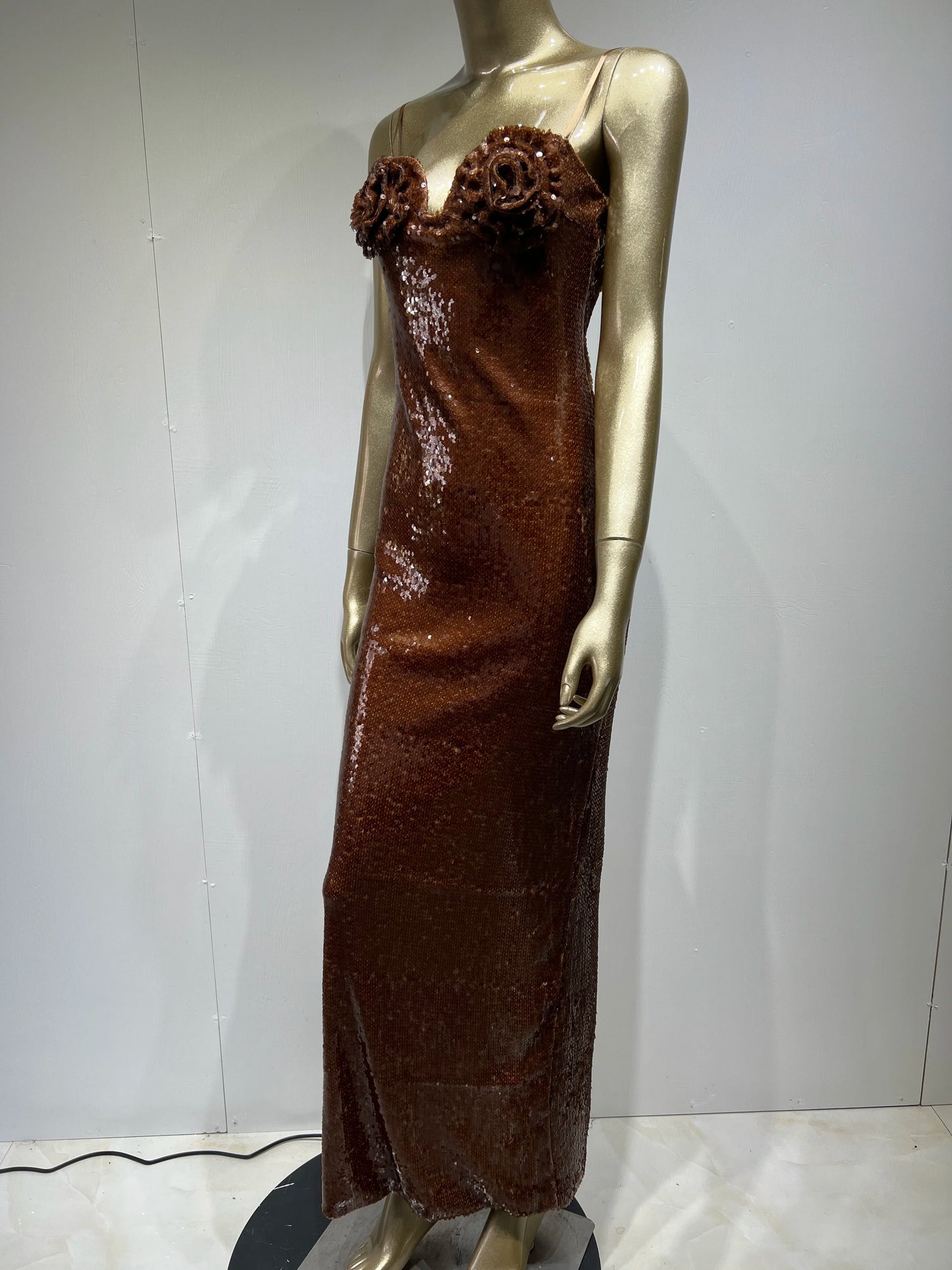 Women Luxury Sexy Sleeveless Backless Flower Mesh Sequins Brown Sparkly Bodycon Maxi Long Dress Elegant Evening Party Club Dress