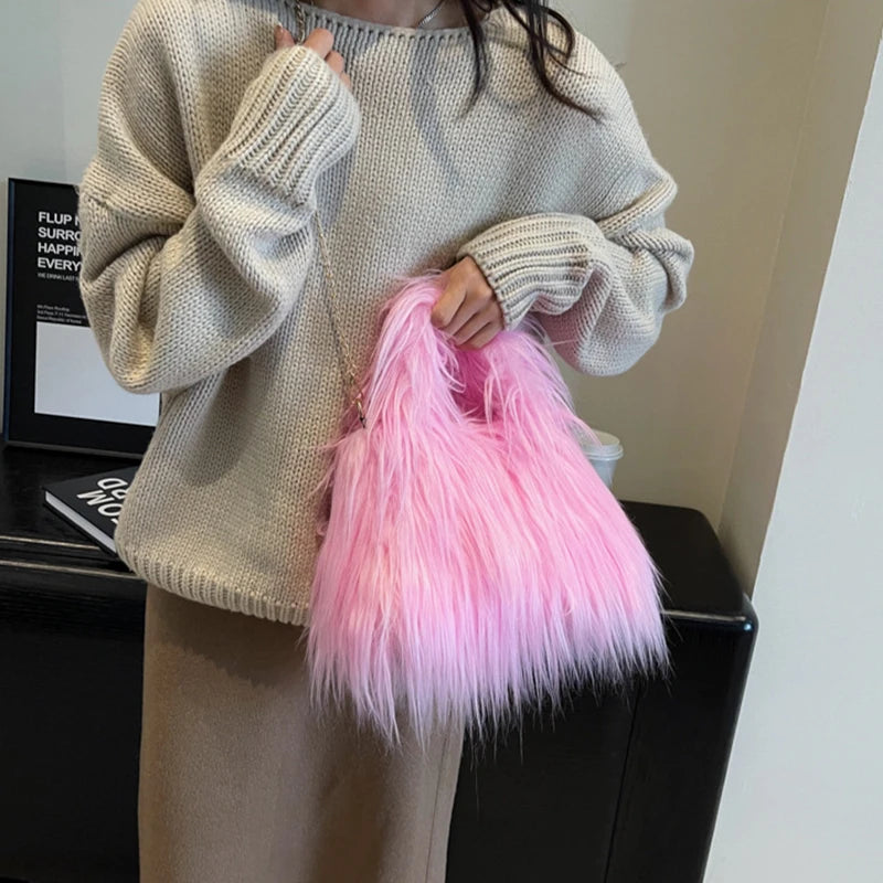 Winter Faux Fur Shoulder Bag for Women Trendy Fuzzy Handbags Plush Crossbody Bag Fluffy Tote Bag Furry Handle Mobile Phone Bag