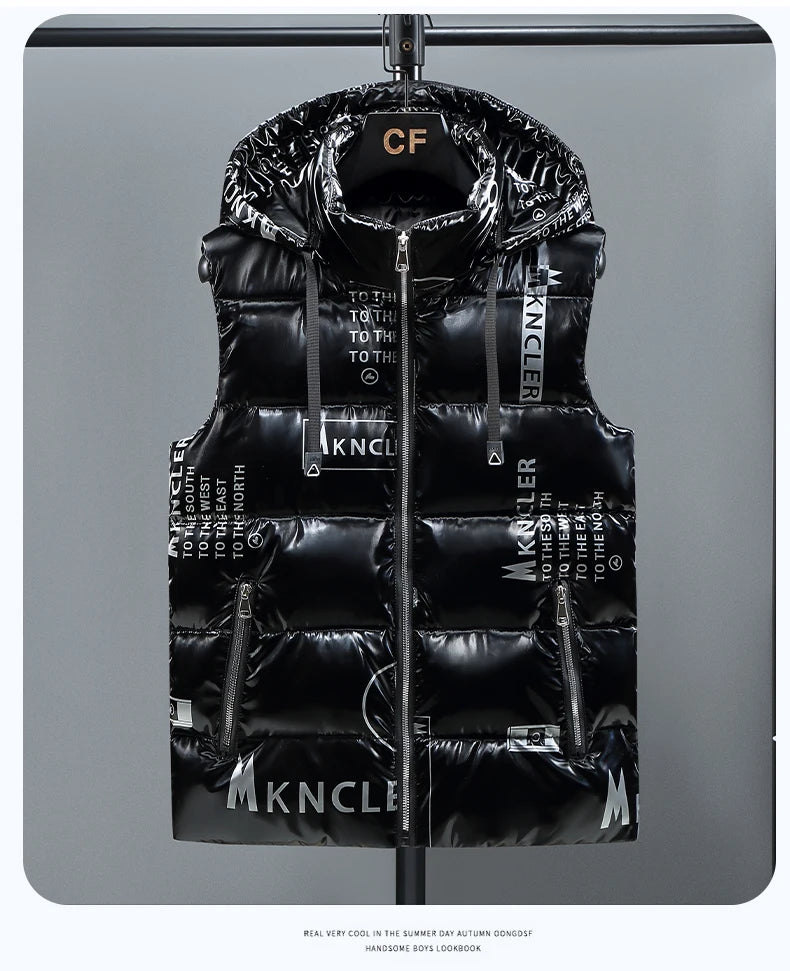 Winter Thick Vest Men Hooded Hat Detachable Letters Printed Waterproof Male Comfortable And Warm Waistcoat