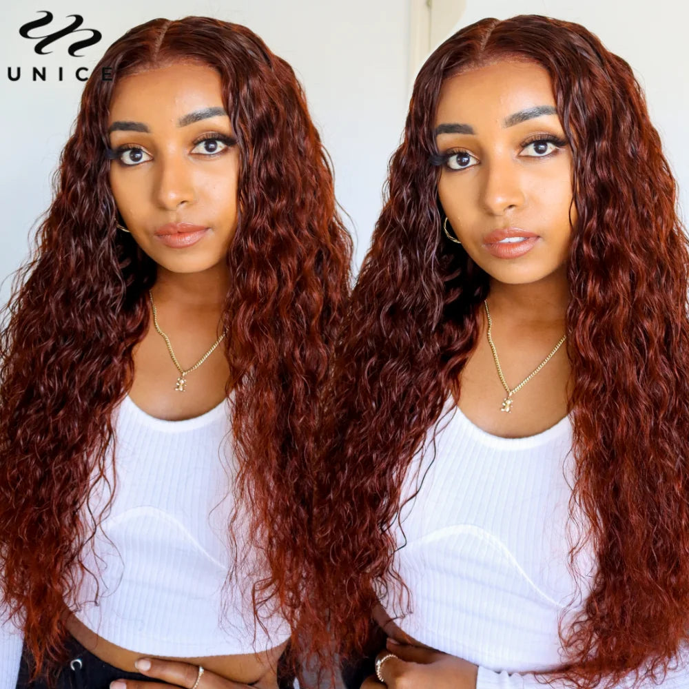 UNice Hair Reddish Brown Water Wave Wig 7x5 13x4 Human Hair Lace Frontal Wig Pre Cut Pre Bleached Glueless Wig Ready To Wear Go