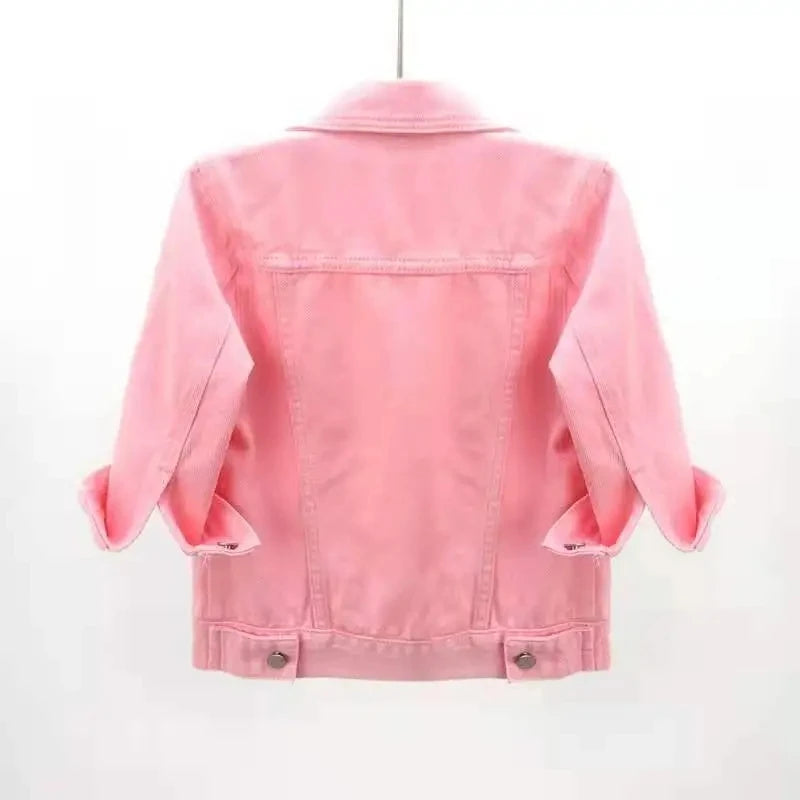 2024 New Women Spring Autumn Denim Jacket Tops Pink Color Solid Short Multicolor Feminino Three Quarter Sleeve Jean Jacket