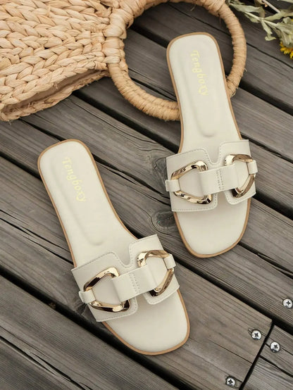 Women Metal Decor Single Band Flat Sandals Fashion Sexy Open Toe Outdoors Slides Luxurious Office Ladies Party Female Shoes