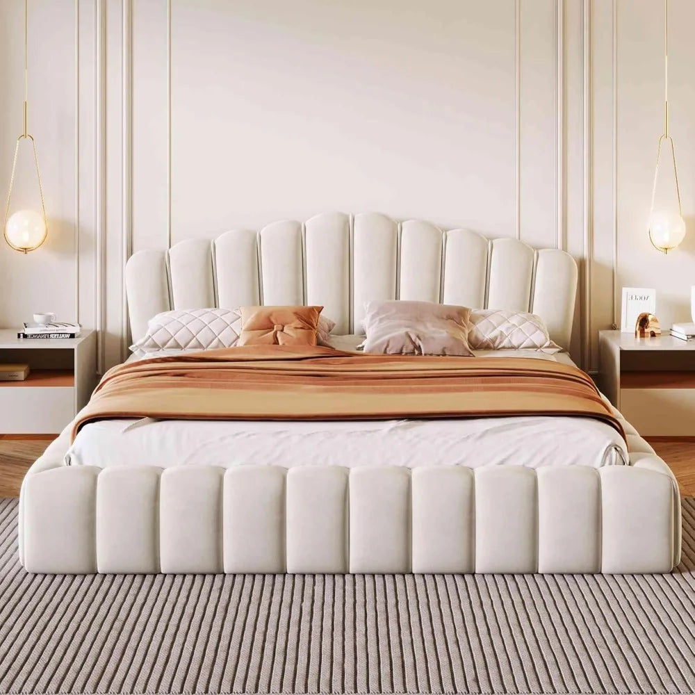 Upholstered King Size Bed with Shell Headboard, Velvet Floor Bedstead, Solid Flat Noodles Support, Luxurious Bedroom