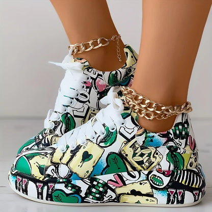 Women's graffiti print sneakers, fashion lace-up low-top platform sneakers, casual skateboard shoes