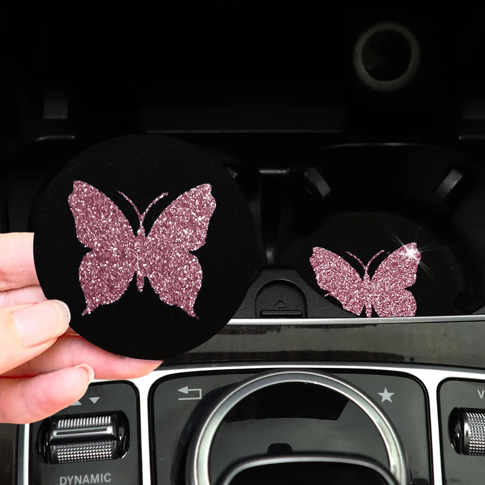 Two Cute Pink Butterflies Glitter Light Car Water Cup Pads for Women with Car Accessories