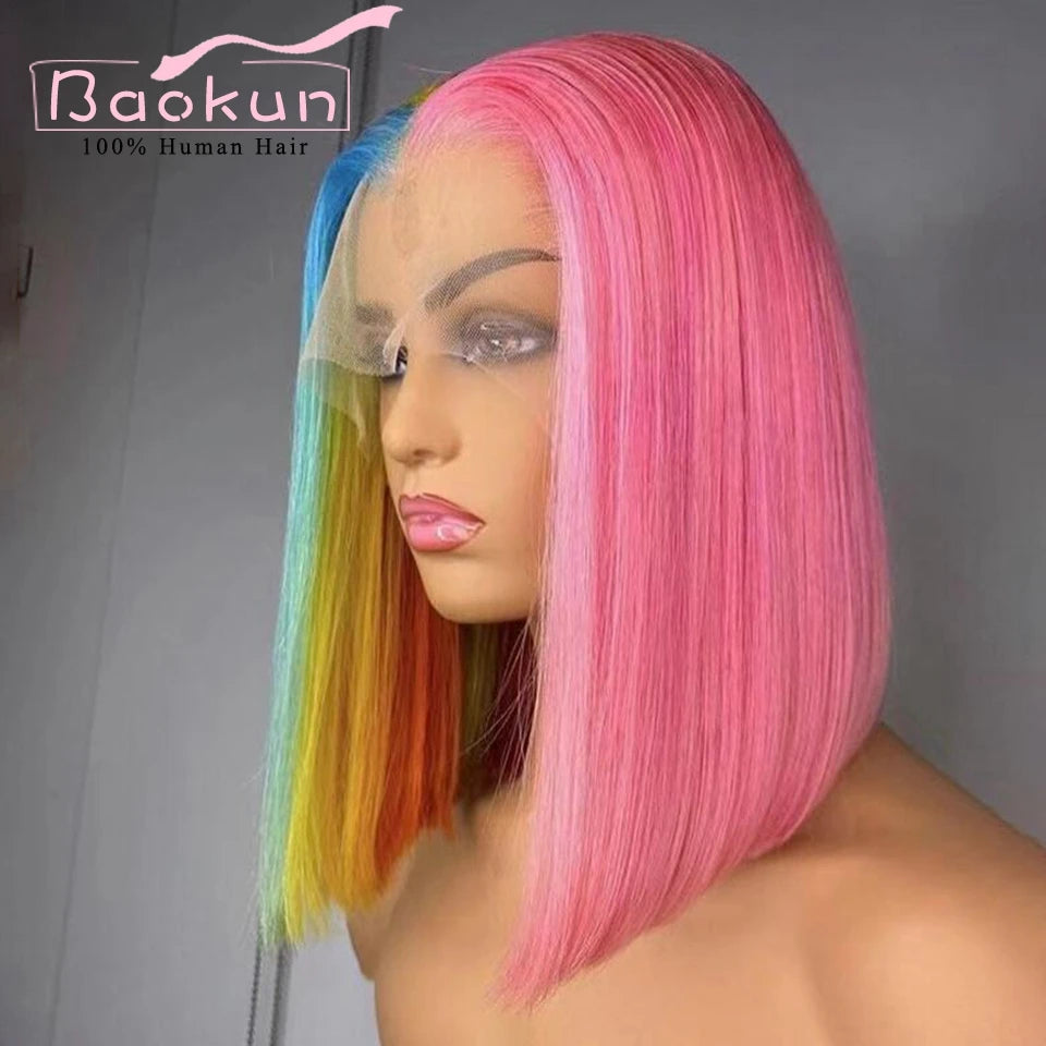 13x4 Rainbow Bob Straight Lace Front Wigs Human Hair 13x6 HD Lace Frontal Wig Glueless Blue Red Pink Highlight Human Hair Wigs